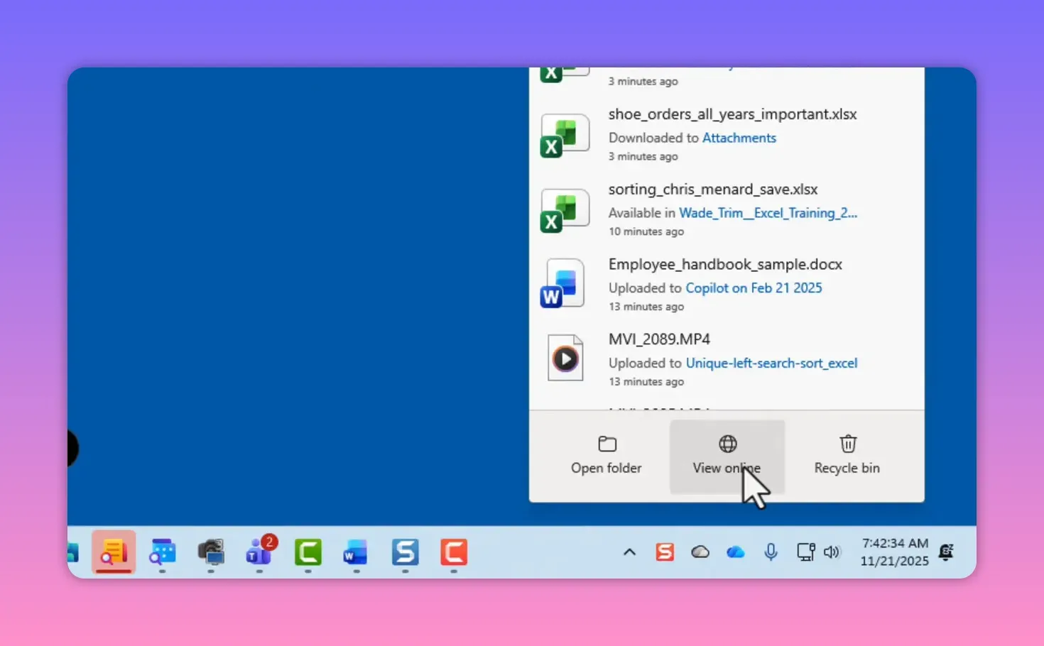 OneDrive system tray pop-up showing recent files with the 'View online' option highlighted.