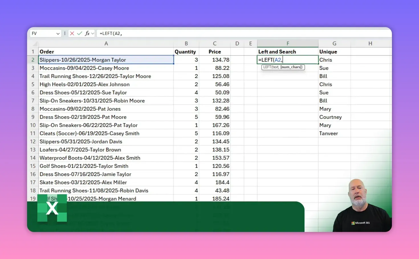 Excel workbook with cell A2 selected and formula bar showing =LEFT(A2, waiting for num_chars, illustrating where SEARCH will be used