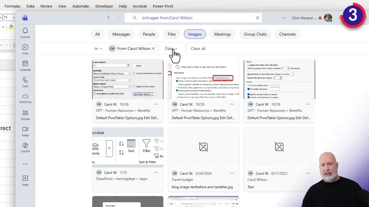 Teams Images search showing grid results with 'From Carol Wilson' filter and cursor on the Date filter