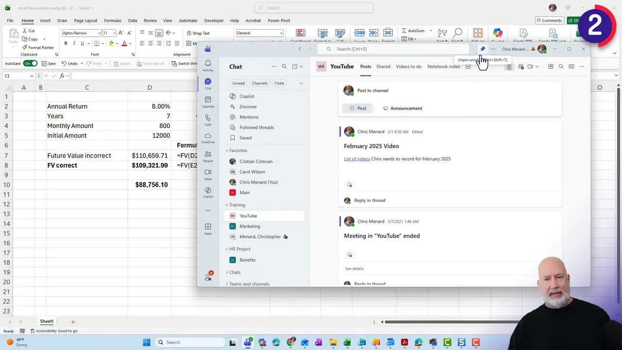 Teams window with cursor over pin icon displaying 'Unpin window (Ctrl+Shift+T)' tooltip