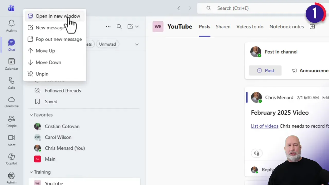 Teams context menu showing 