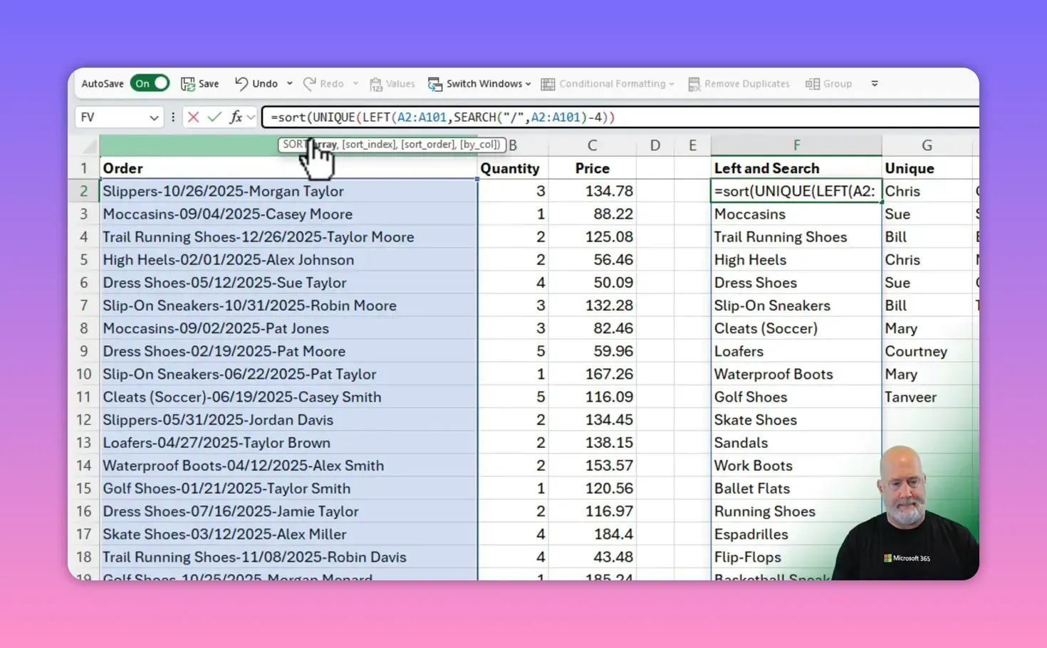 Excel showing the full formula =SORT(UNIQUE(LEFT(A2:A101,SEARCH(