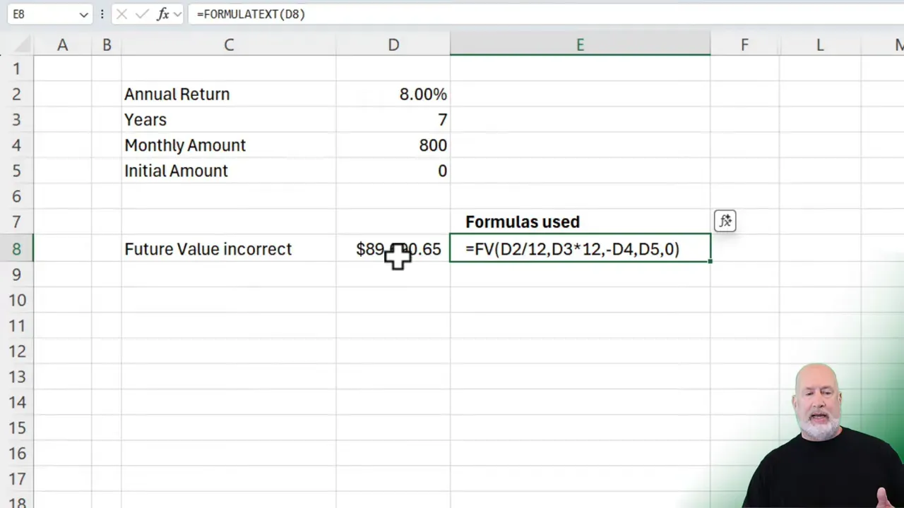 Clear Excel screenshot showing Annual Return 8.00%, monthly amount 800, an incorrect future value $89,690.65 and the cell containing =FV(D2/12,D3*12,-D4,D5,0).