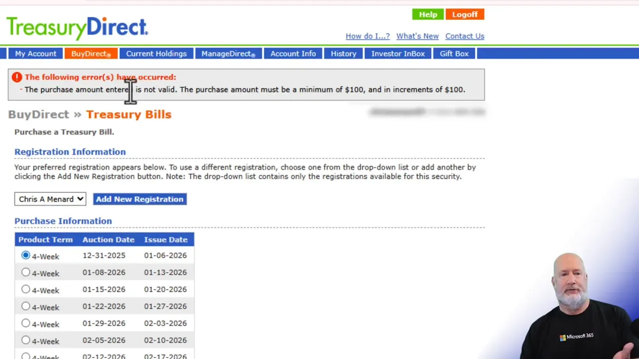 Close-up of TreasuryDirect BuyDirect page showing header, error notice about minimum purchase, and 4-week option selected
