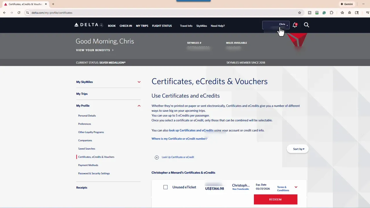 Delta account Certificates eCredits and Vouchers page showing an available certificate and a Redeem button