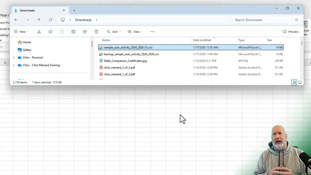 Windows File Explorer Downloads window with sample_user_activity_2024_2026 (1).csv selected and Excel grid in the background