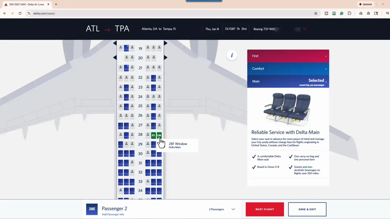 Delta seat map with cursor selecting seat 28F and seat availability icons