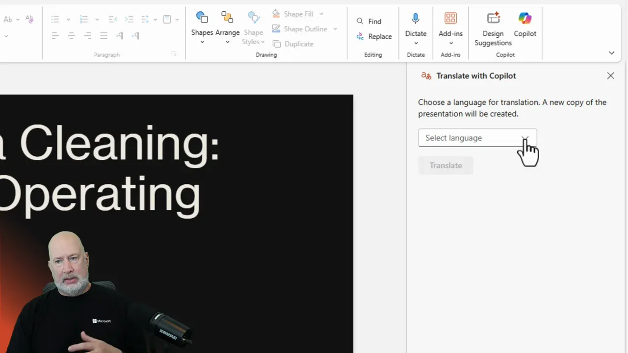 PowerPoint Copilot task pane on the right with 'Select language' dropdown ready