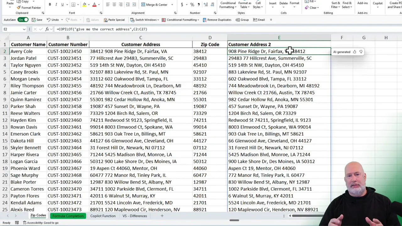 Excel worksheet showing original customer addresses and zip codes in columns C and D and a filled Customer Address 2 column with cleaned addresses produced by COPILOT.