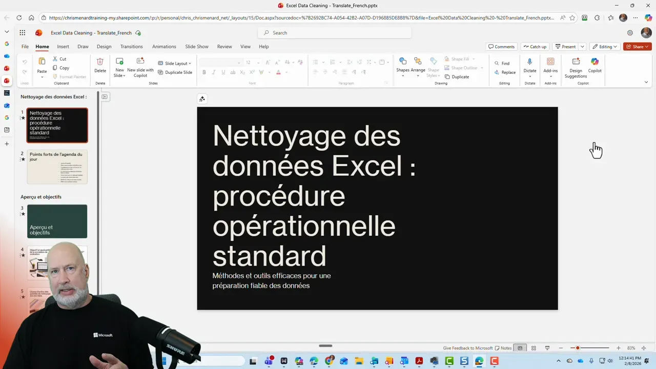 PowerPoint editor displaying the translated presentation in French: large title 'Nettoyage des données Excel : procédure opérationnelle standard' with slide thumbnails at left.