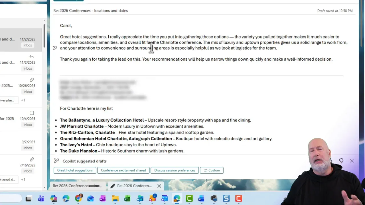 Outlook message with hotel recommendations and Copilot suggested-draft chips (Great hotel suggestions, Conference excitement shared, Discuss session preferences, Custom) visible at the bottom of the compose pane.