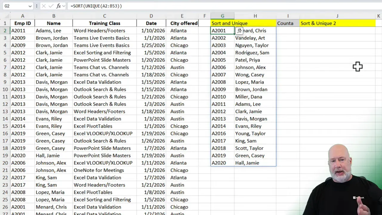 Clear Excel screenshot showing =SORT(UNIQUE(A2:B53)) in the formula bar and the sorted unique ID list in column G, with presenter in the corner.