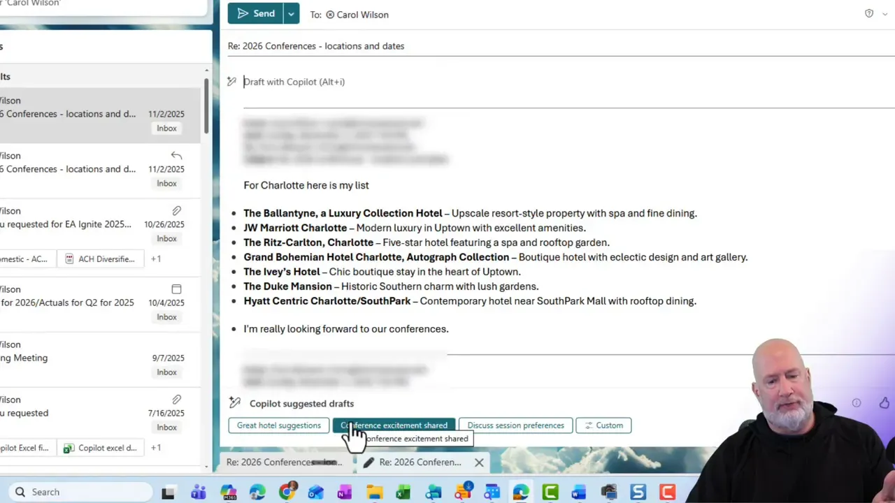 Outlook compose window with cursor hovering over the 'Conference excitement shared' Copilot suggestion, showing the suggestion label.