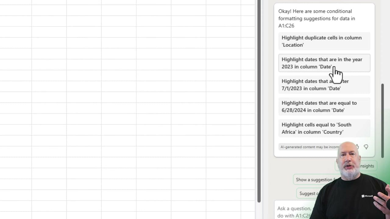 Copilot panel showing conditional formatting suggestions including highlight duplicates, dates in 2023, and cells equal to South Africa