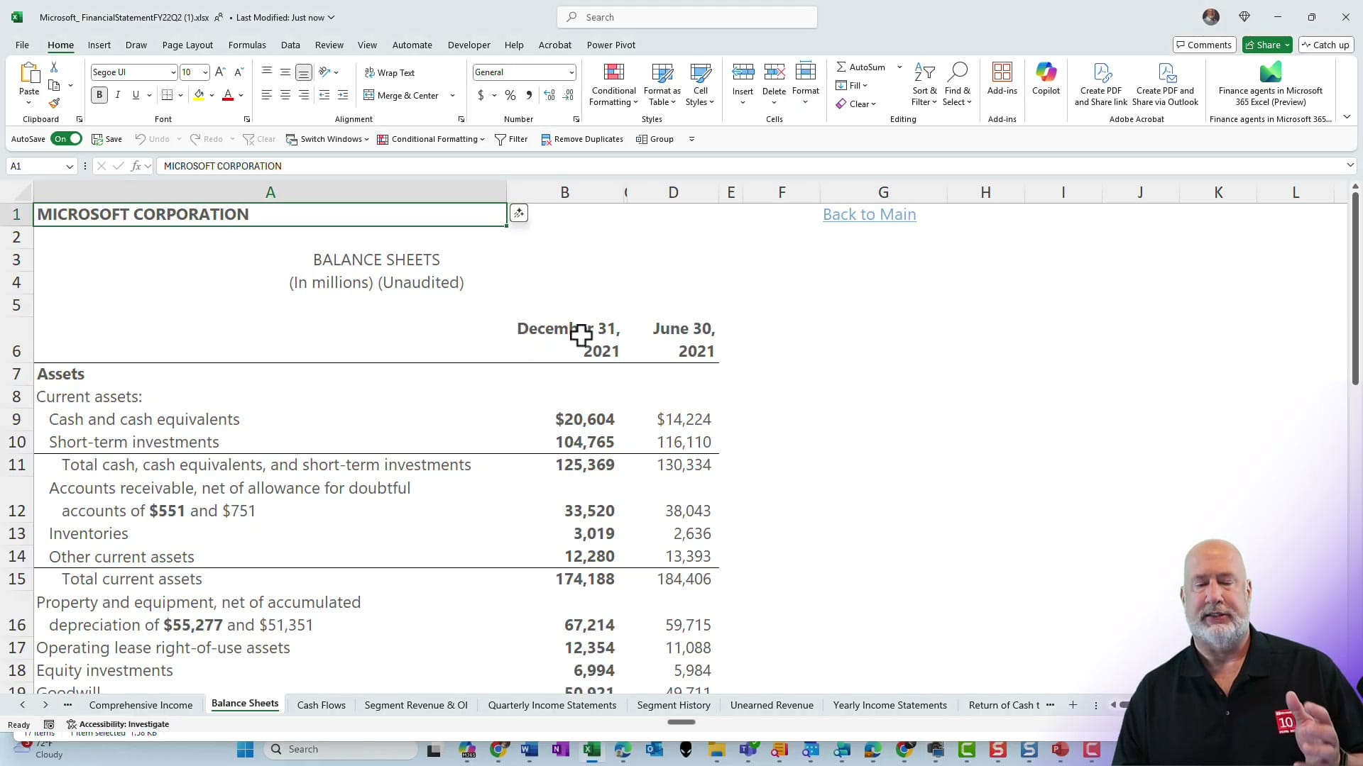 Excel spreadsheet showing Microsoft Corporation Balance Sheets with assets, cash equivalents, and investments for December 2021 and June 2021