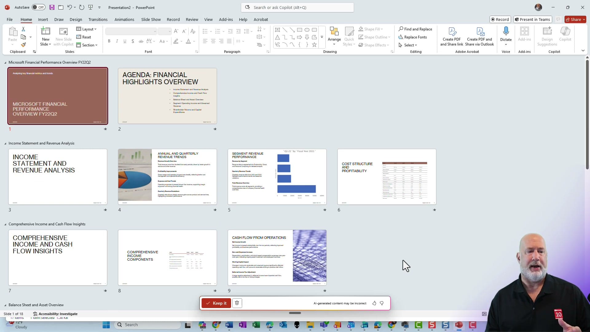 PowerPoint slide sorter view showing 18 AI-generated slides organized in sections with charts, tables, and financial analysis from Excel data