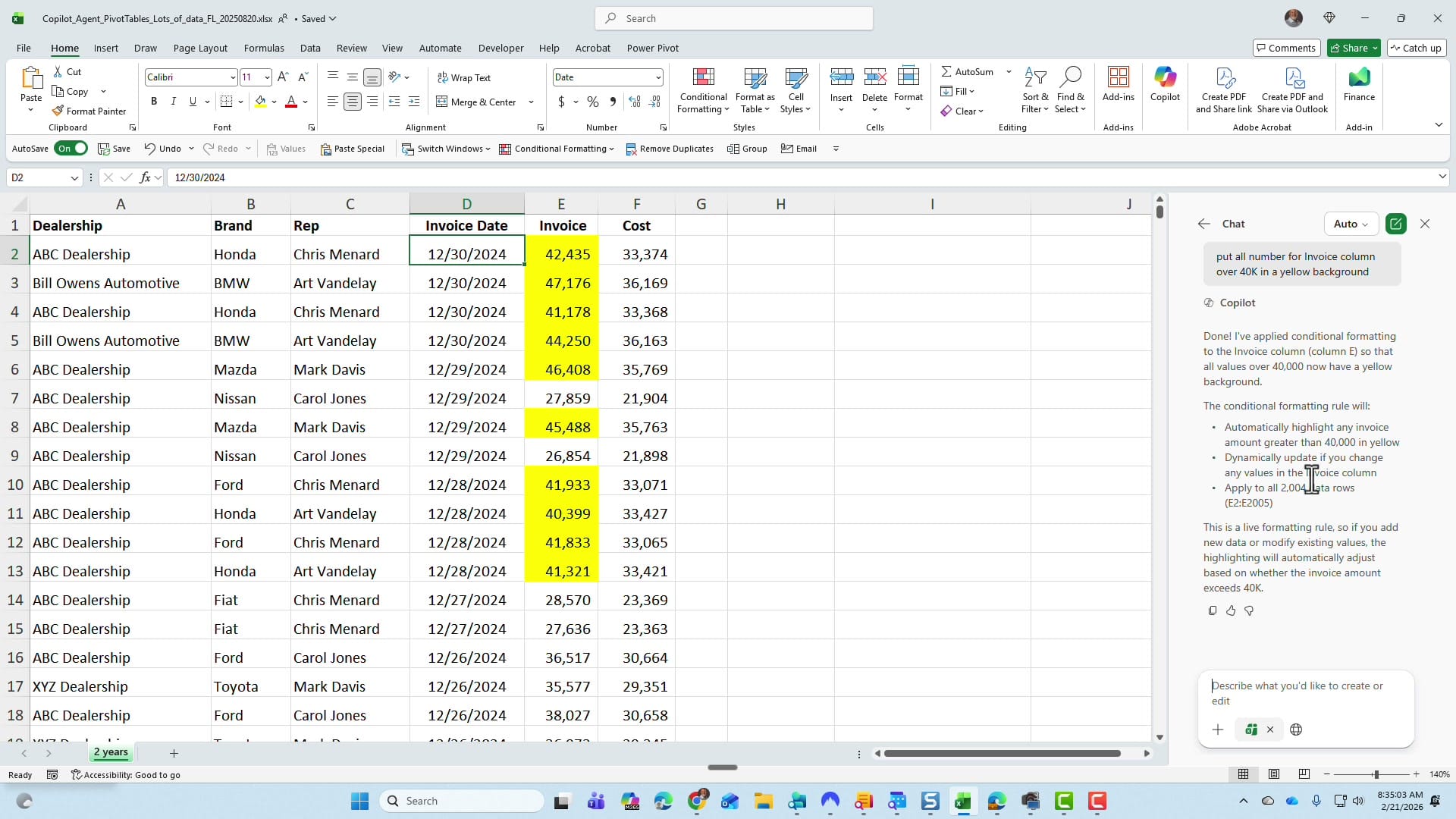 Excel spreadsheet showing yellow highlighted cells in the Invoice column where values exceed 40000, applied by Copilot Agent Mode
