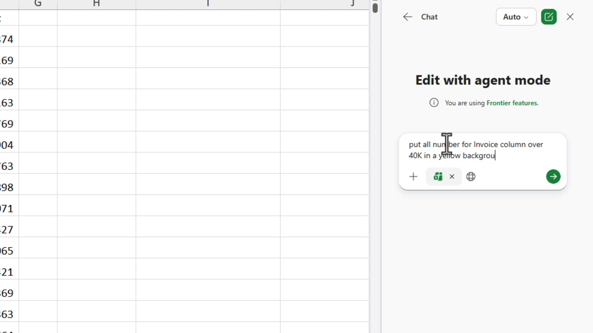 Excel Copilot panel showing Edit with agent mode interface with Auto model selector