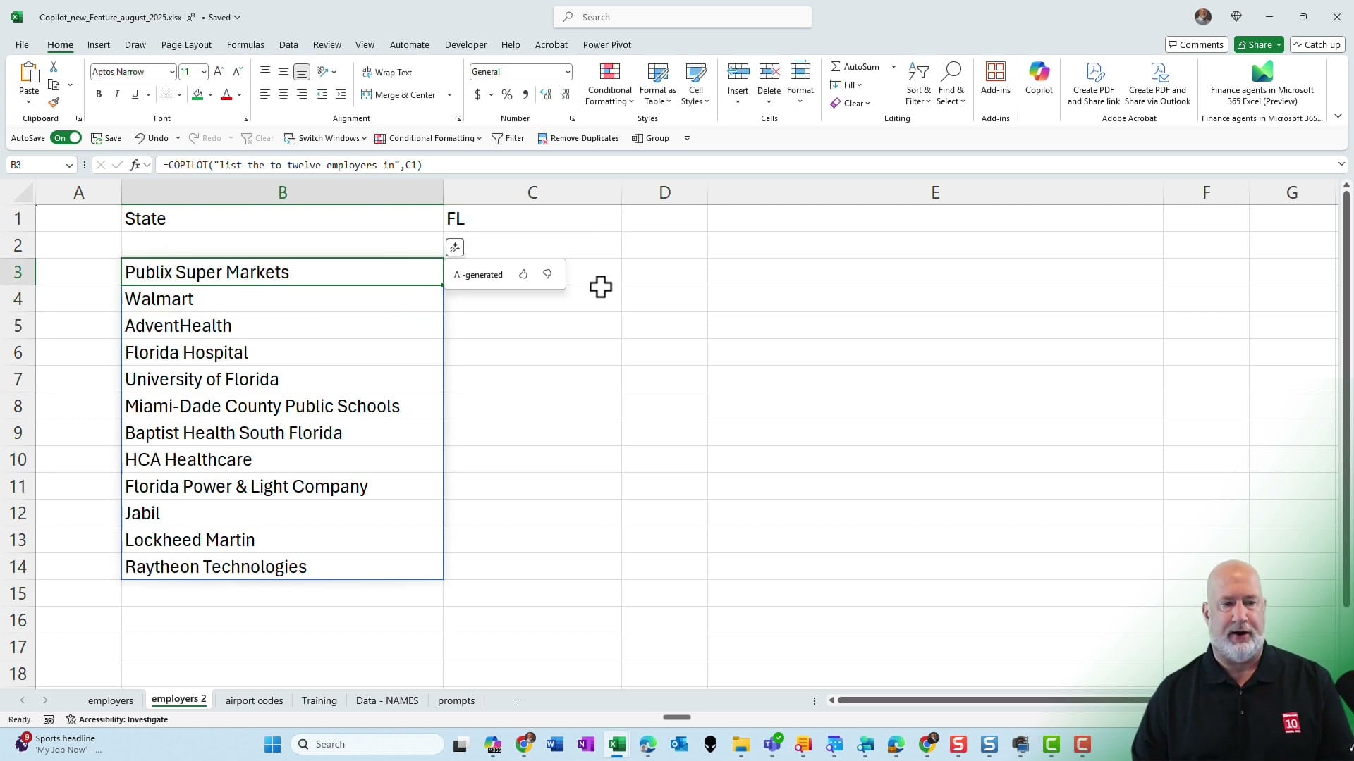 Excel COPILOT function referencing cell C1 containing FL to list twelve Florida employers including Publix, Walmart, AdventHealth
