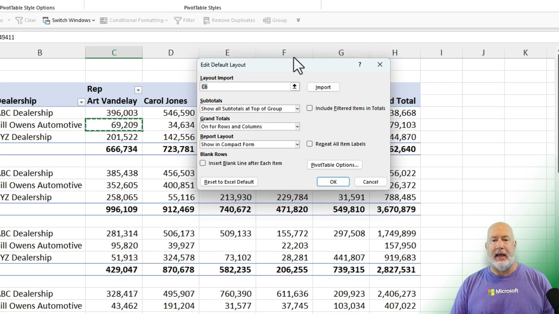 Edit Default Layout dialog in Excel showing options for Subtotals, Grand Totals, Report Layout set to Show in Compact Form, and Blank Rows