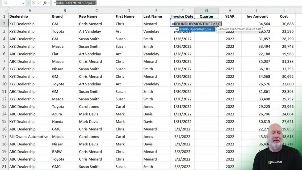 Excel showing Formula Completion suggesting =ROUNDUP(MONTH(F2)/3,0) in the Quarter column, with a tooltip reading 'Calculate quarter from invoice date'