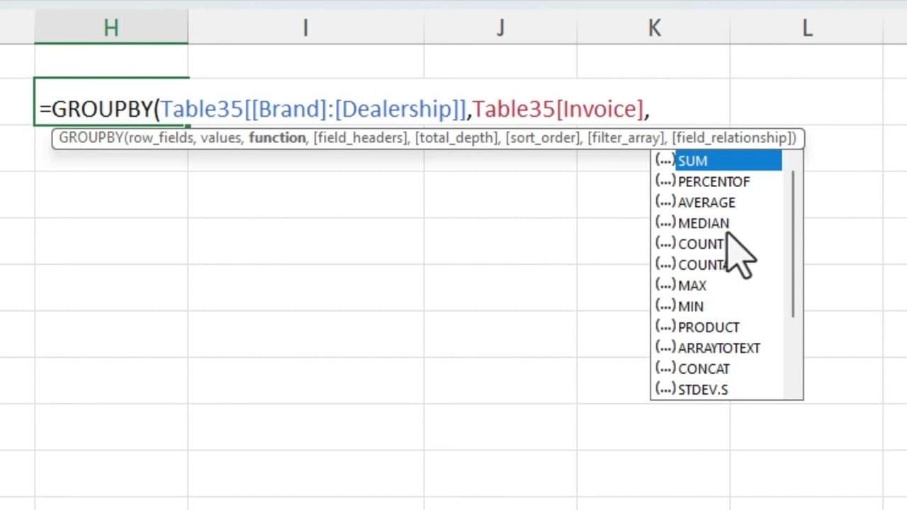 GROUPBY formula in Excel formula bar showing function dropdown with SUM, PERCENTOF, AVERAGE, MEDIAN, COUNT and other aggregation options