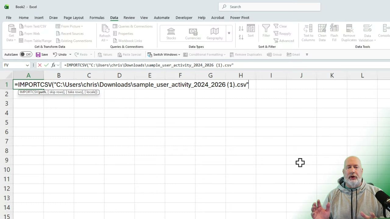 Excel showing IMPORTCSV formula in cell A1 with file path to a CSV file, formula bar displaying the full path, and tooltip showing function arguments