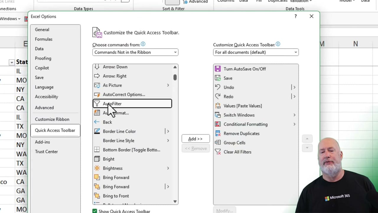 Excel Options dialog showing Quick Access Toolbar customization with AutoFilter selected in the Commands Not in the Ribbon list, and Clear All Filters already added to the toolbar