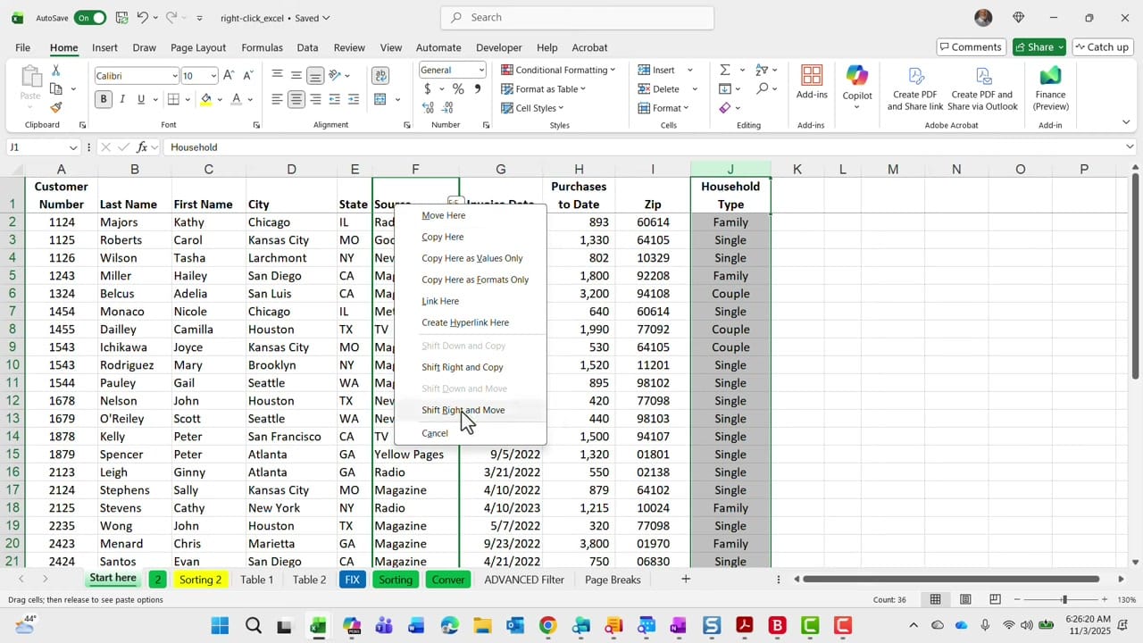 Excel right-click drag context menu showing Move Here, Copy Here, Copy Here as Values Only, Shift Down and Move, Shift Right and Copy, and Shift Right and Move options