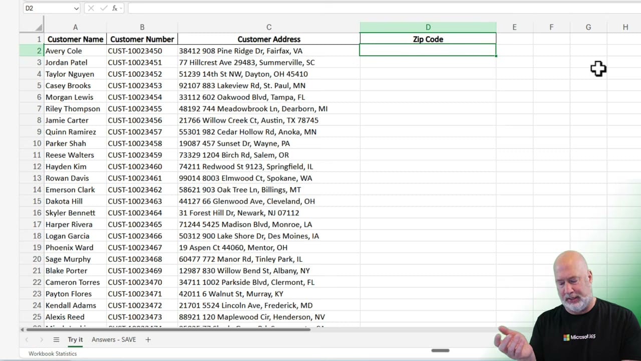 Excel spreadsheet showing customer addresses with zip codes in varying positions and an empty Zip Code column