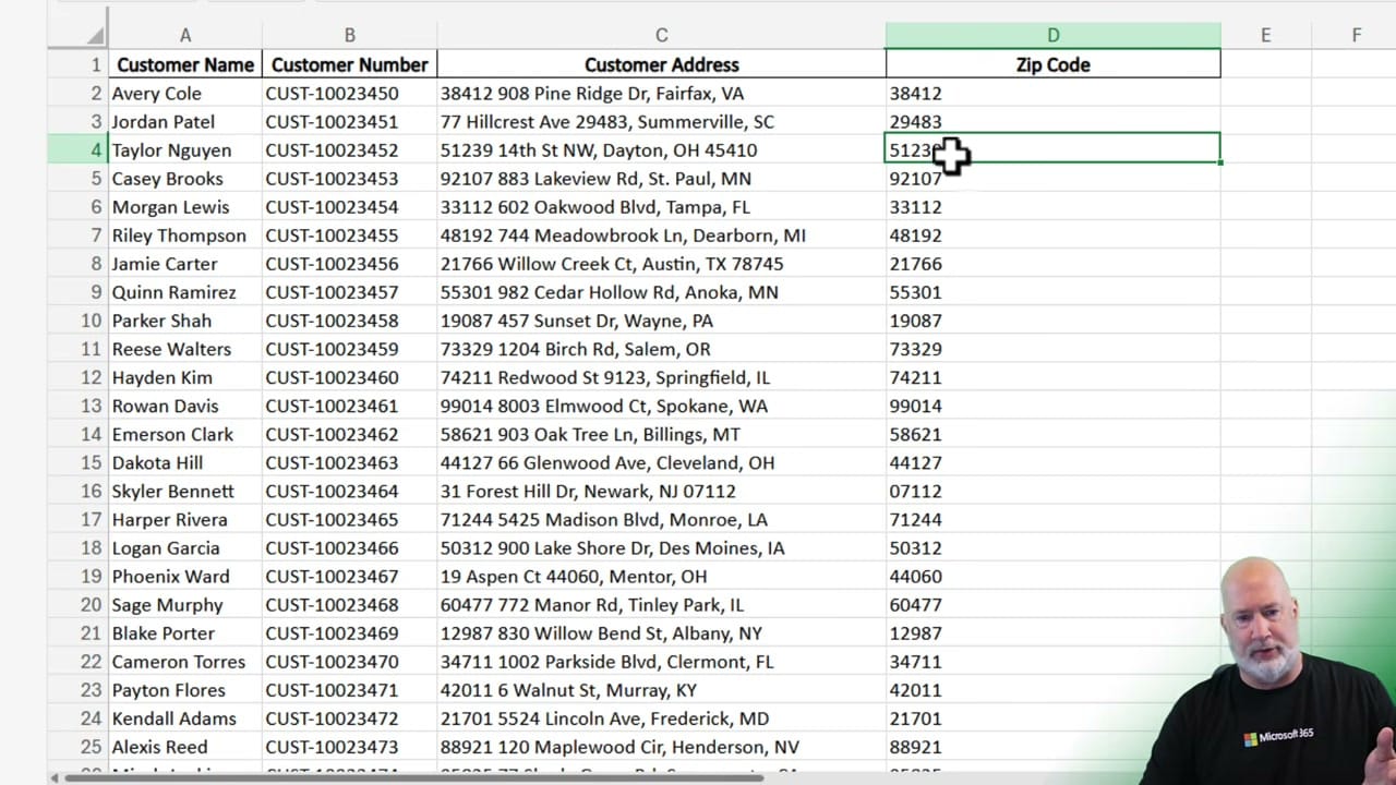 Excel spreadsheet showing all zip codes successfully extracted into column D using REGEXEXTRACT