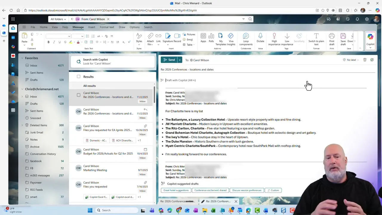 Outlook compose pane displaying a draft reply and Copilot suggested reply buttons at the bottom (e.g., 'Great hotel suggestions'), with the message list on the left and presenter in the corner.