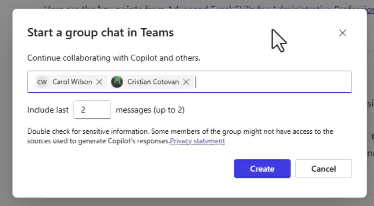 Group chat dialog with team members added for sharing Copilot results
