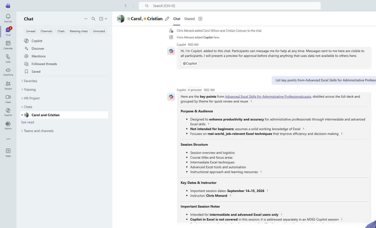 Teams chat showing the shared Copilot prompt and AI-generated response