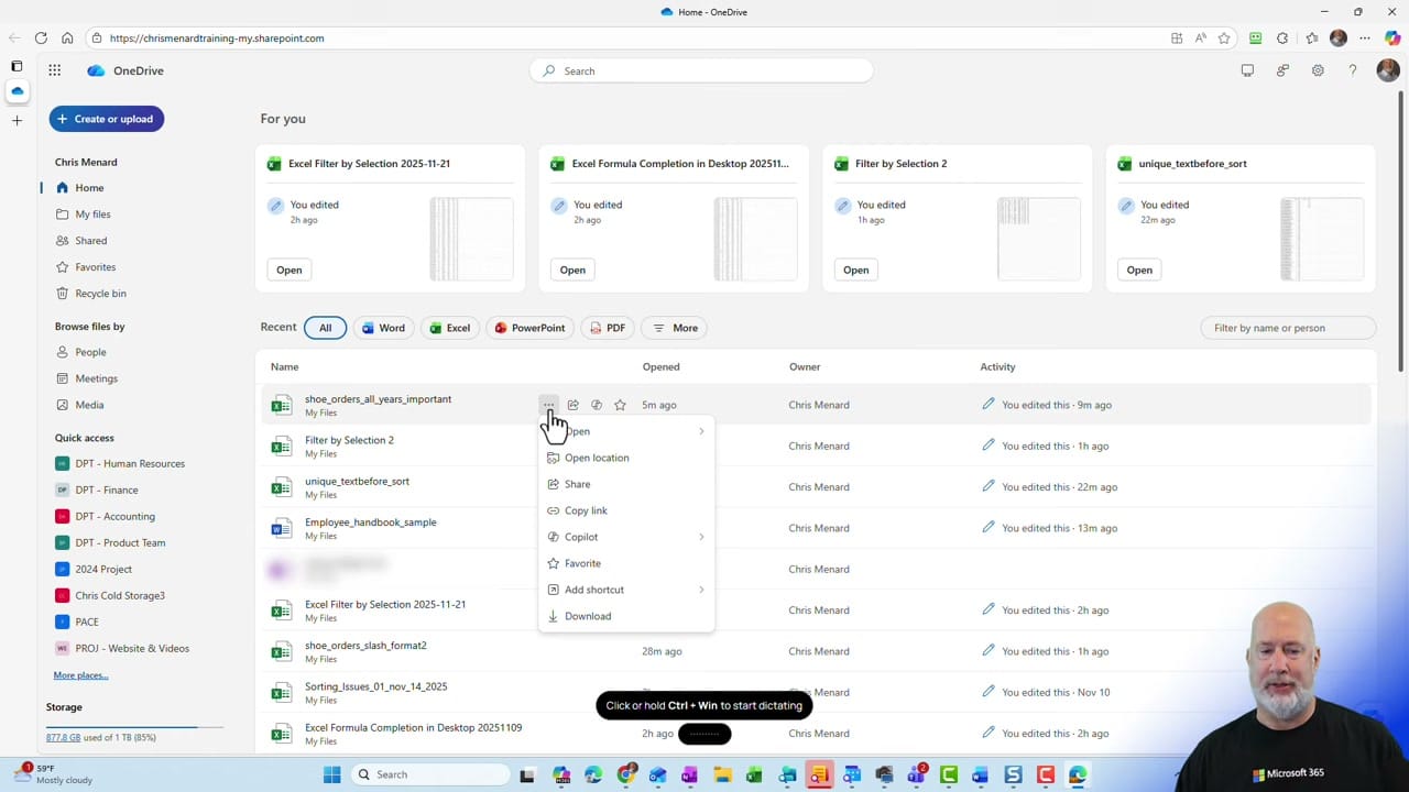 OneDrive web interface showing the Home page with recent files, right-click context menu visible with options including Open, Share, Copy link, Copilot, and Delete
