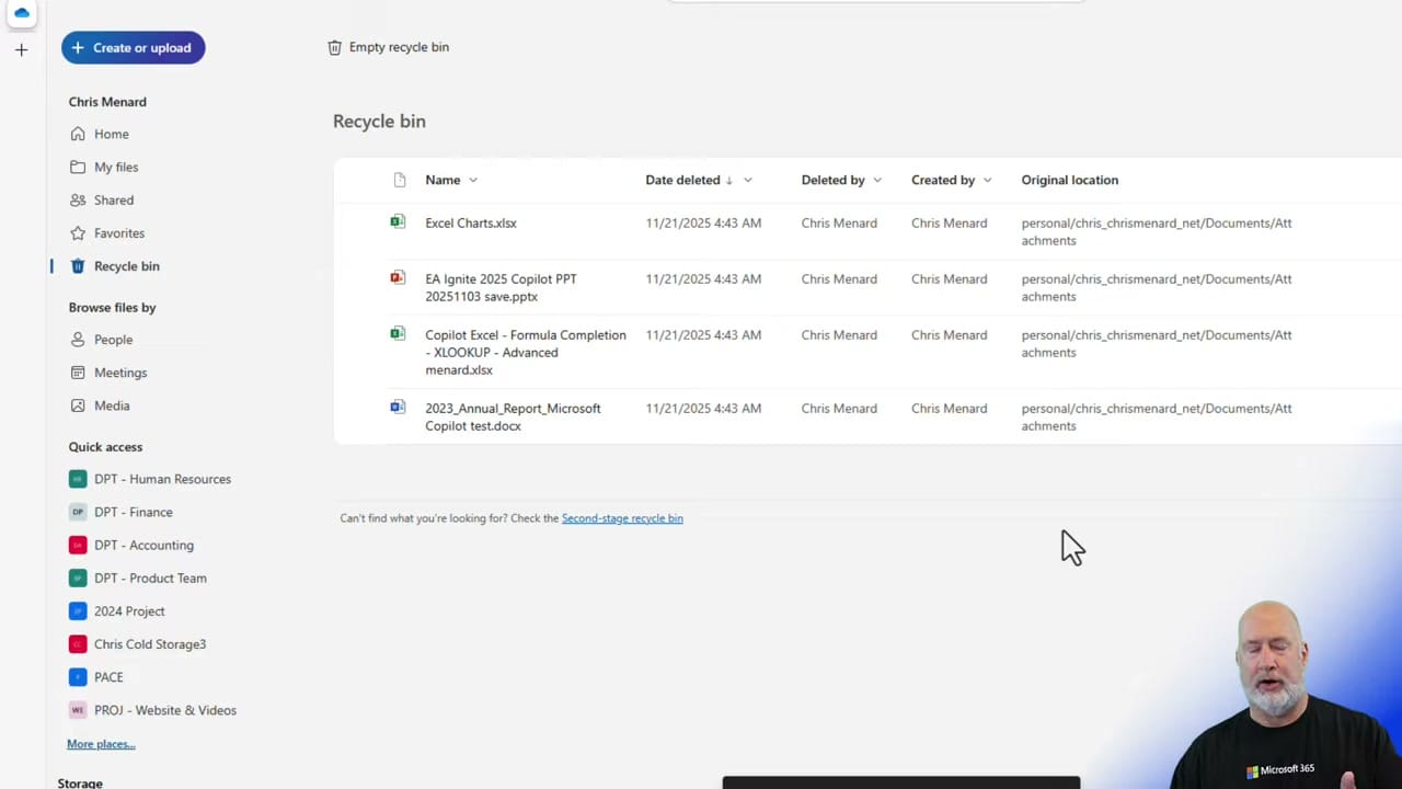 OneDrive Recycle bin showing deleted files including Excel Charts, EA Ignite Copilot PPT, and other files with date deleted, creator, and original location columns, plus a Second-stage recycle bin link at the bottom