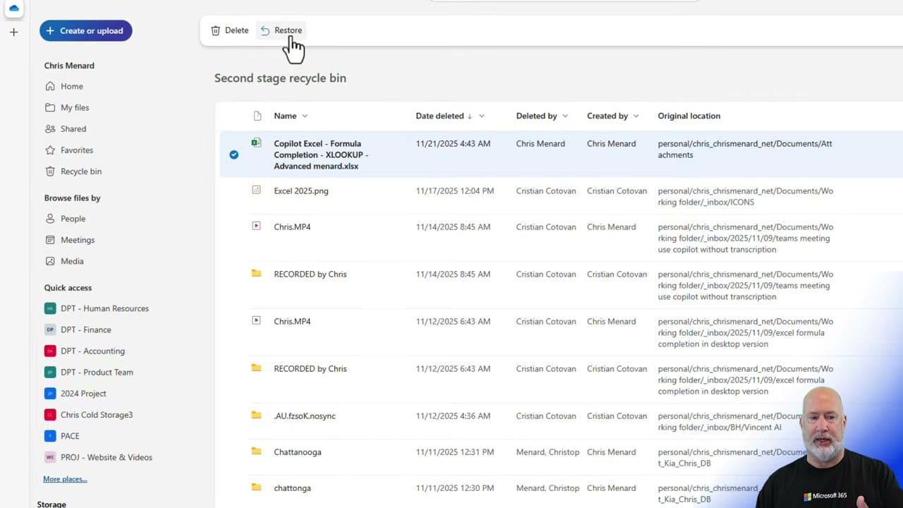 OneDrive Second stage recycle bin showing files with Delete and Restore buttons at top, including items deleted by both Chris Menard and Cristian Cotovan with original file paths