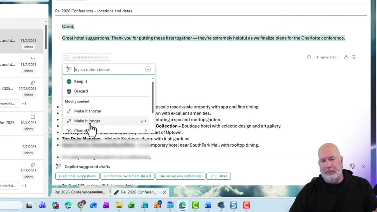 Copilot draft reply in Outlook showing a contextual response about hotel suggestions with Keep it, Discard, Make it shorter, Make it longer, and Change options visible