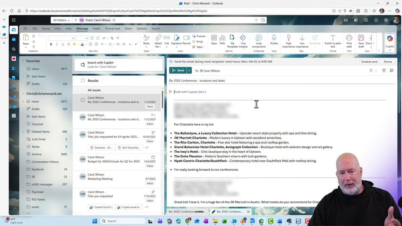 Outlook reply compose window showing Draft with Copilot prompt at top and Copilot suggested drafts at bottom with options like Great hotel suggestions, Conference excitement shared, and Discuss session preferences