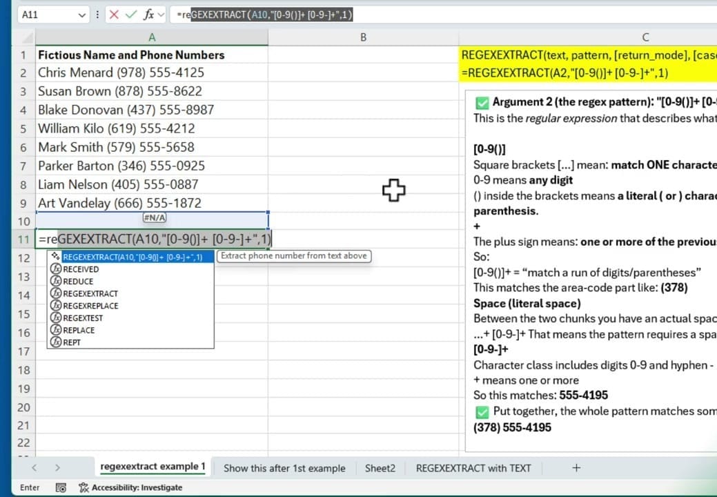 Excel showing REGEXEXTRACT formula being typed with autocomplete dropdown