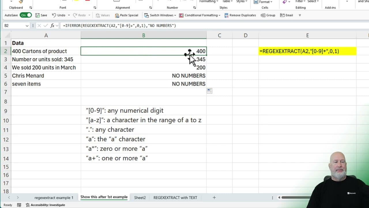 Excel showing IFERROR wrapping REGEXEXTRACT with NO NUMBERS for cells without digits