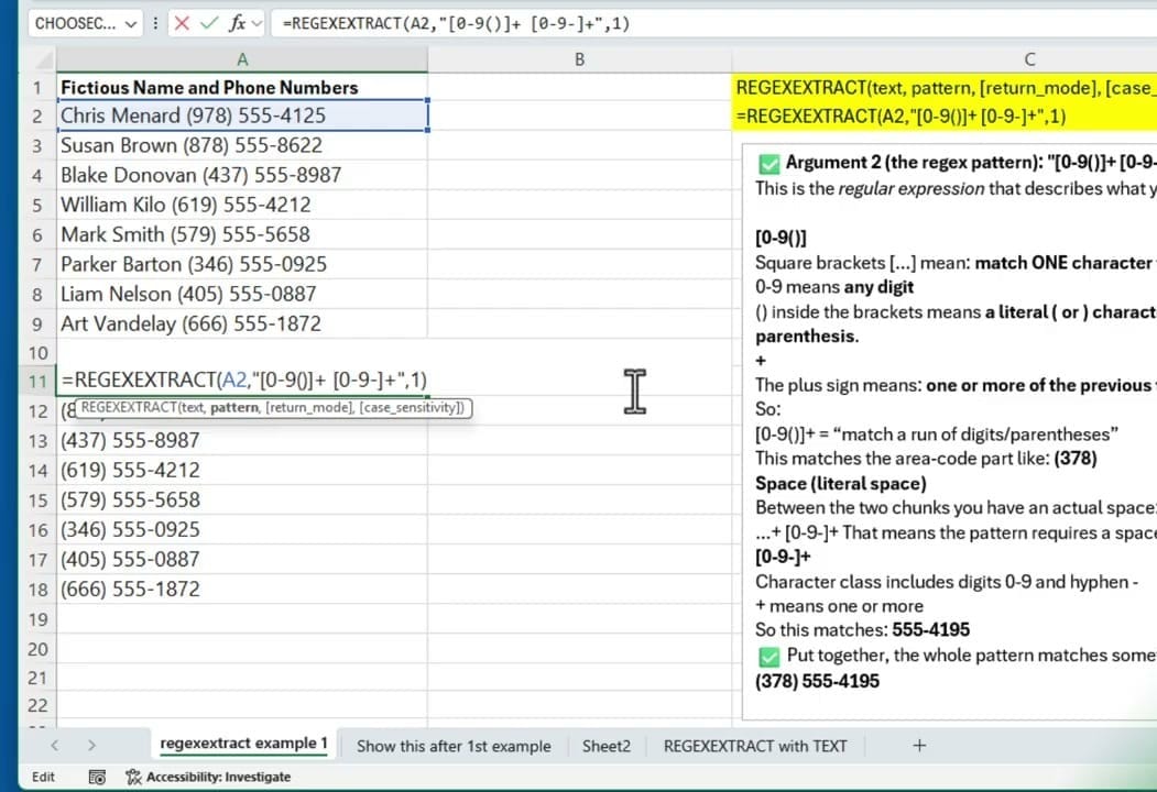 Excel spreadsheet showing extracted phone numbers with REGEXEXTRACT formula visible