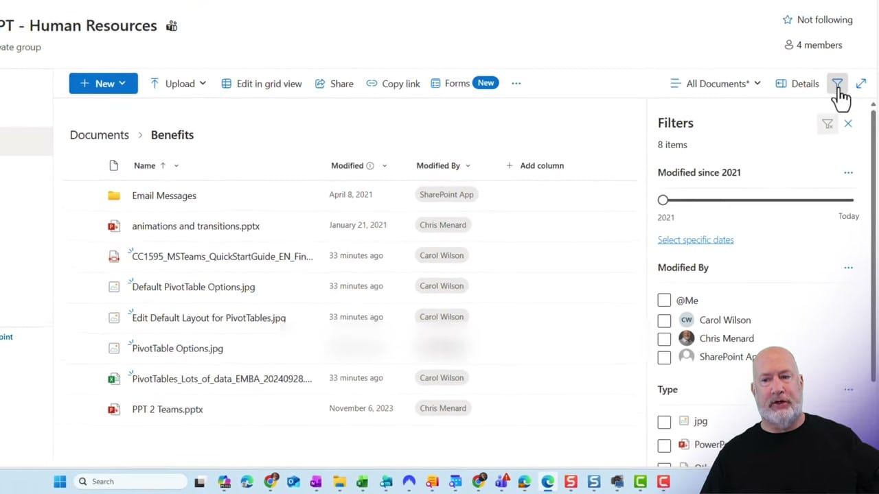 SharePoint document library filter panel in Teams showing date range slider (Modified since 2021), Modified By filter with team member names, and file Type filter with options for jpg and PowerPoint