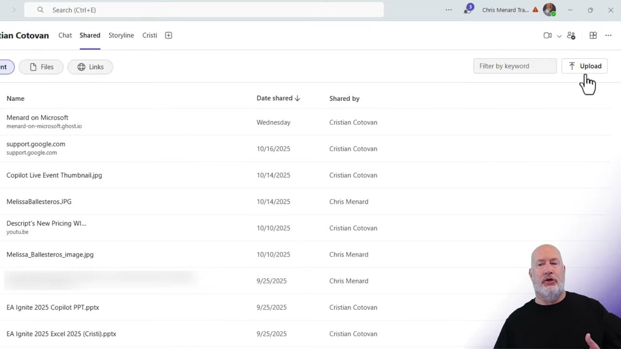 Microsoft Teams Shared tab in a chat conversation showing a list of shared files and links with columns for Name, Date shared, and Shared by, plus a Filter by keyword search box