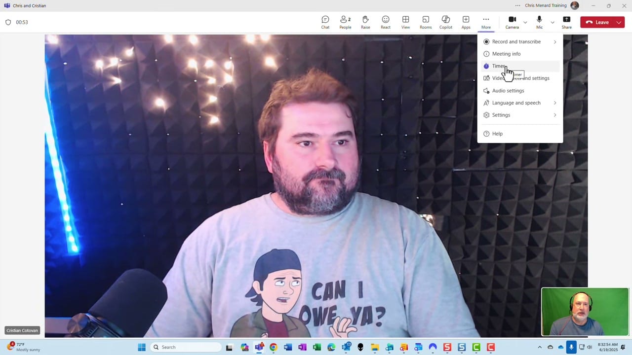 Microsoft Teams meeting More menu showing Timer option alongside Record and transcribe, Meeting info, Video effects, and Audio settings