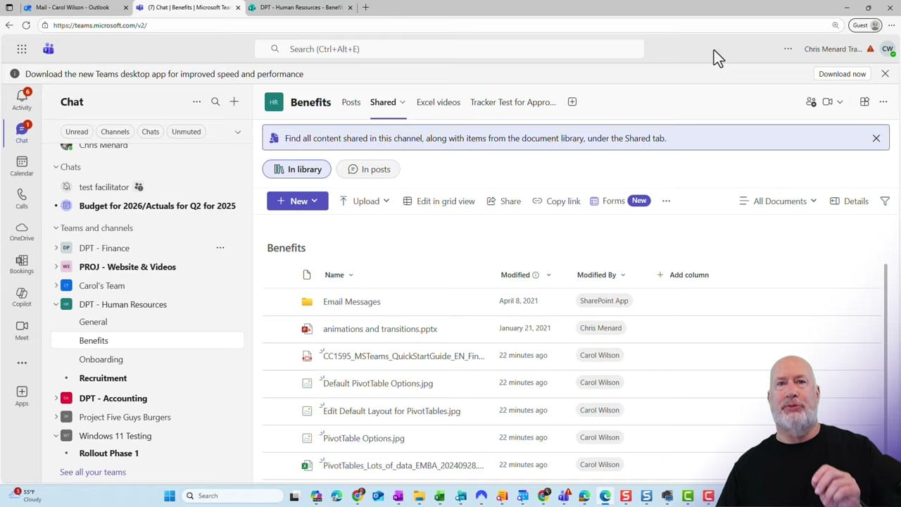 Microsoft Teams web version showing the new Shared tab for a channel called Benefits, with In library and In posts toggle buttons, plus Recent, Files, and Links sub-filters and a keyword search box