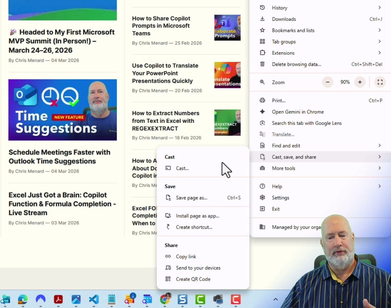 Chrome menu showing Cast, save, and share submenu with Create shortcut option