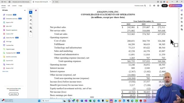 Amazon annual report PDF open alongside Copilot Chat showing the comparison results