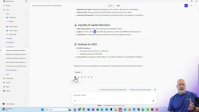 Copilot Chat showing detailed analysis with Liquidity and Capital Allocation section and Outlook for 2025
