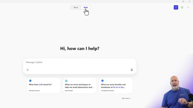 Microsoft Copilot Chat interface showing the Web tab selected at the top with the message box and suggested prompts
